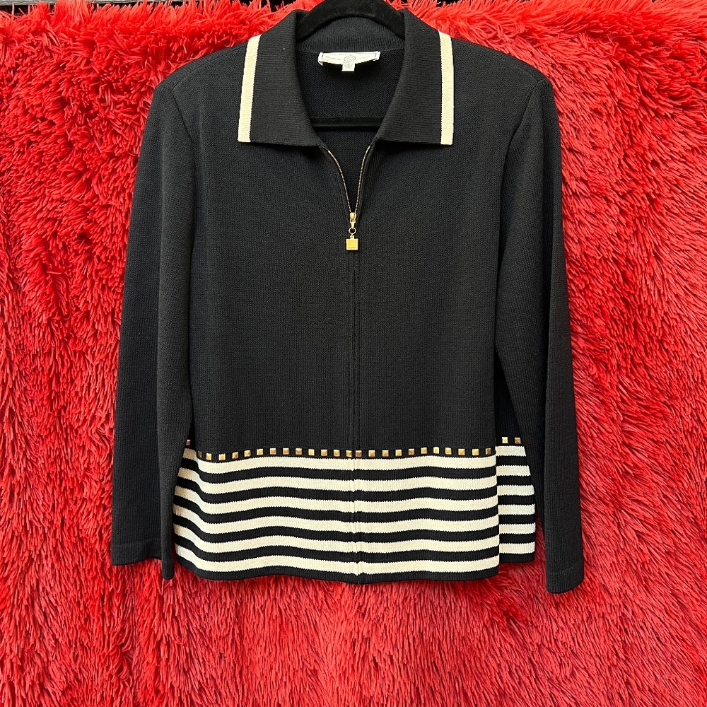 St. John Collection Black and Cream Zip-Front Cardigan